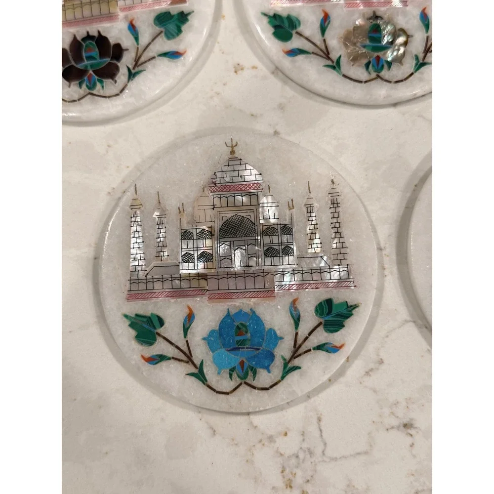 Rare Handmade White Marble Taj Mahal Indian Mother Of Pearl‎ Coaster Set of 6